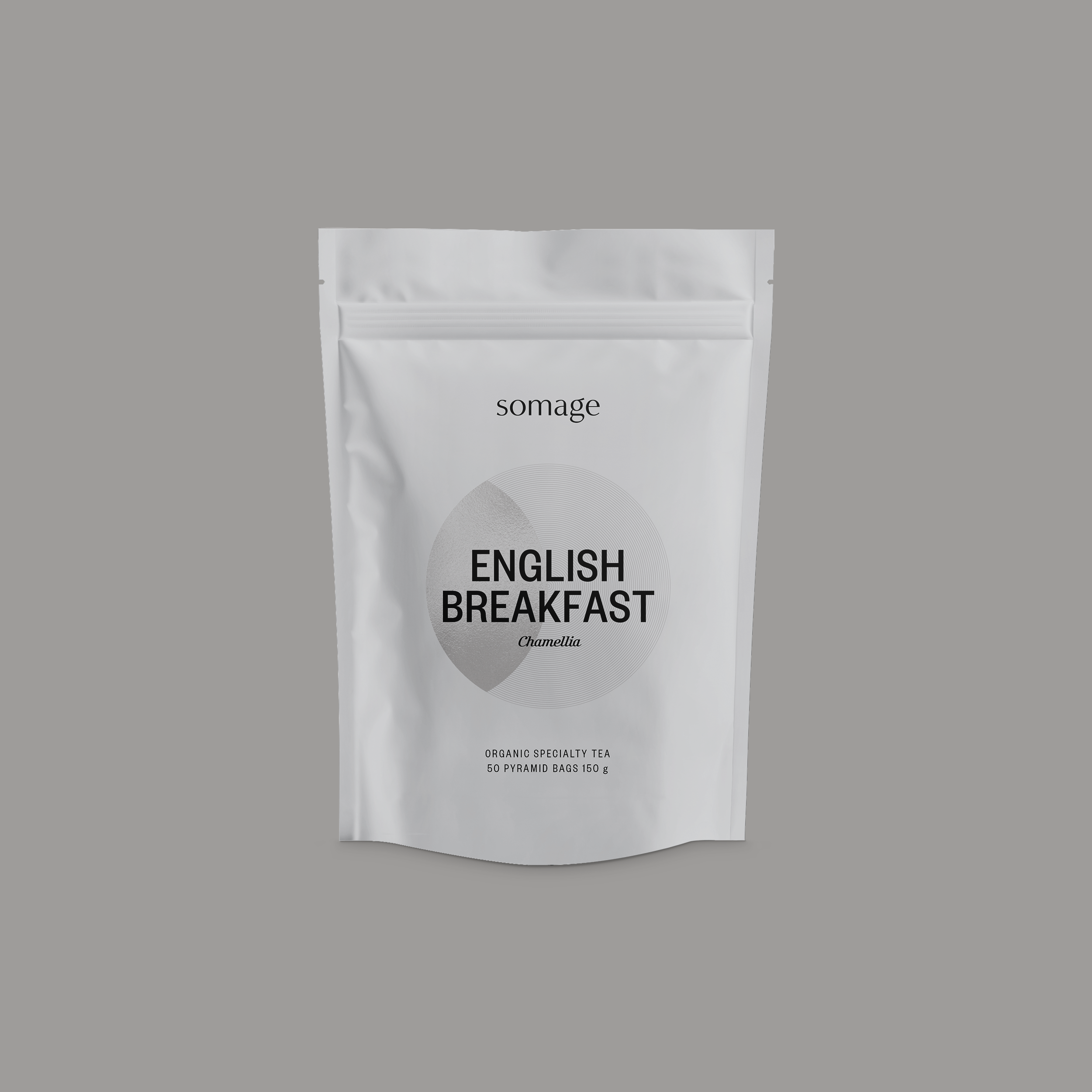 Somage English Breakfast Certified Organic loose leaf tea pyramid bags x 50 front of pack on grey background