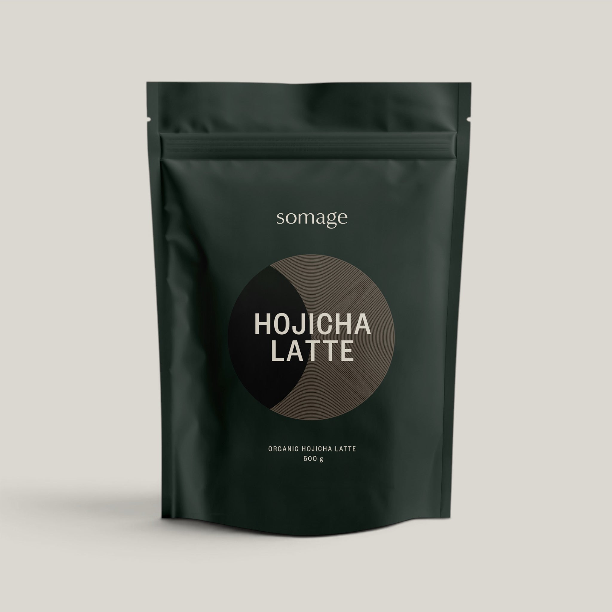 Dark green package of Hojicha Latte by somage on a beige background