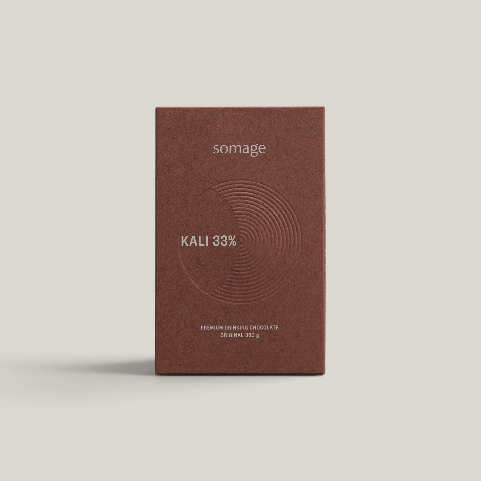 Kali 33% Premium Drinking Chocolate 350g retail box front view on grey background