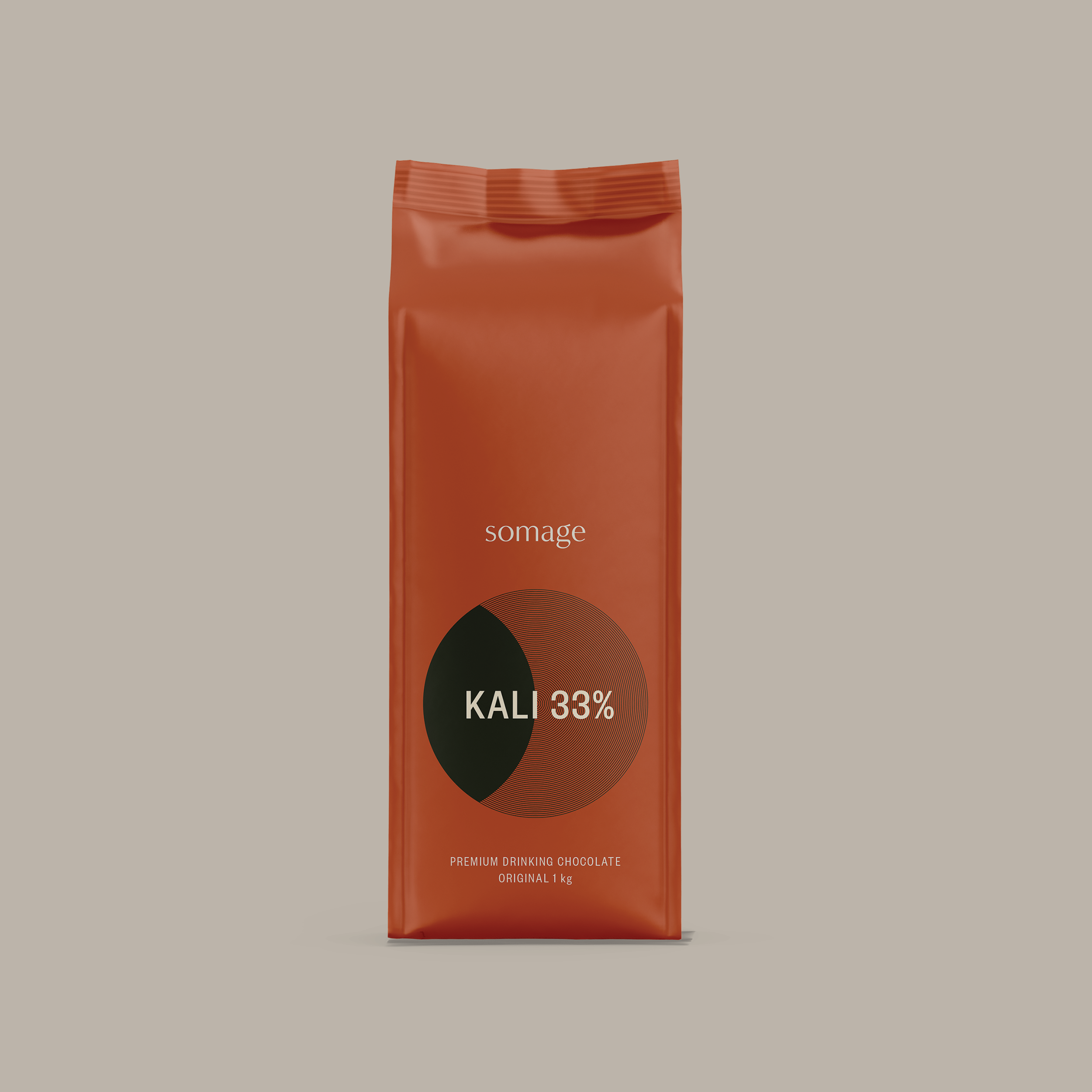 Kali 33% Premium Drinking Chocolate 1kg front of pack on grey background