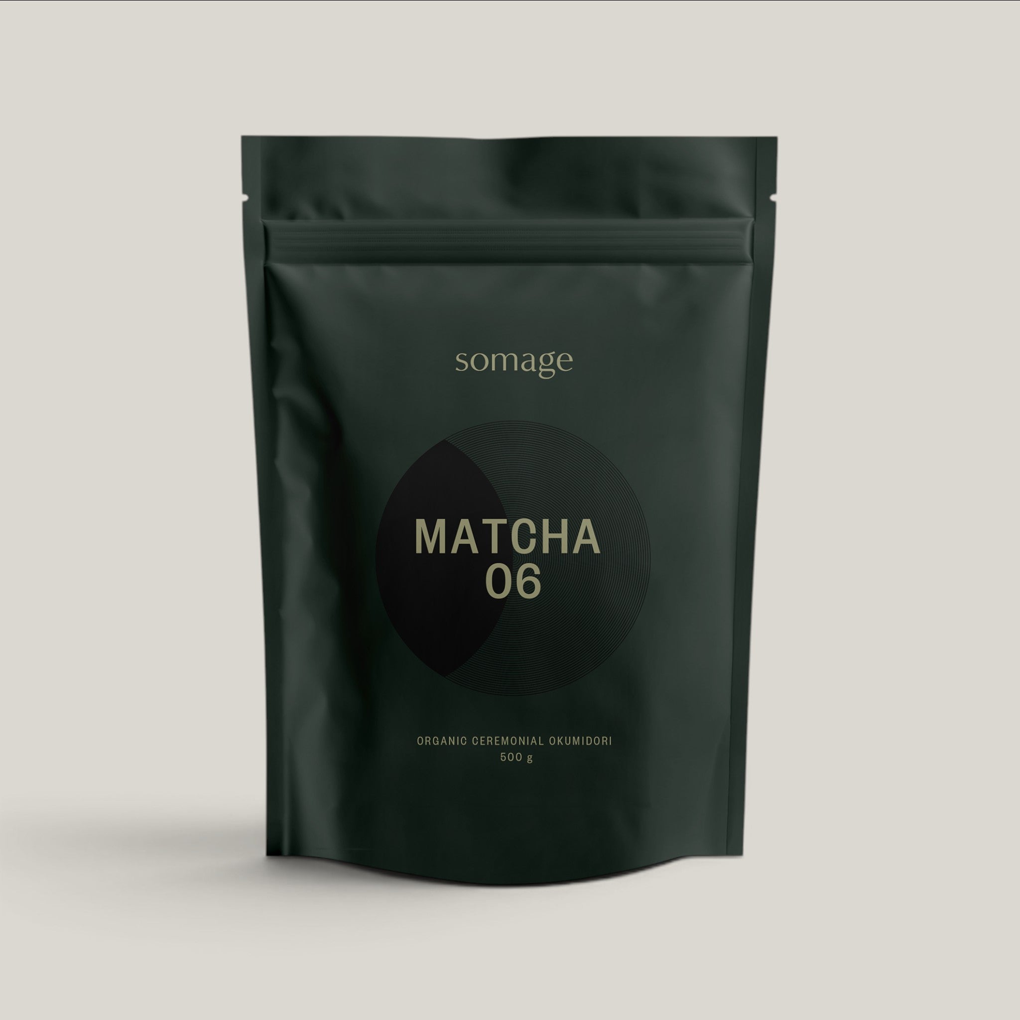 Dark green package of somage Matcha 06 on a beige background