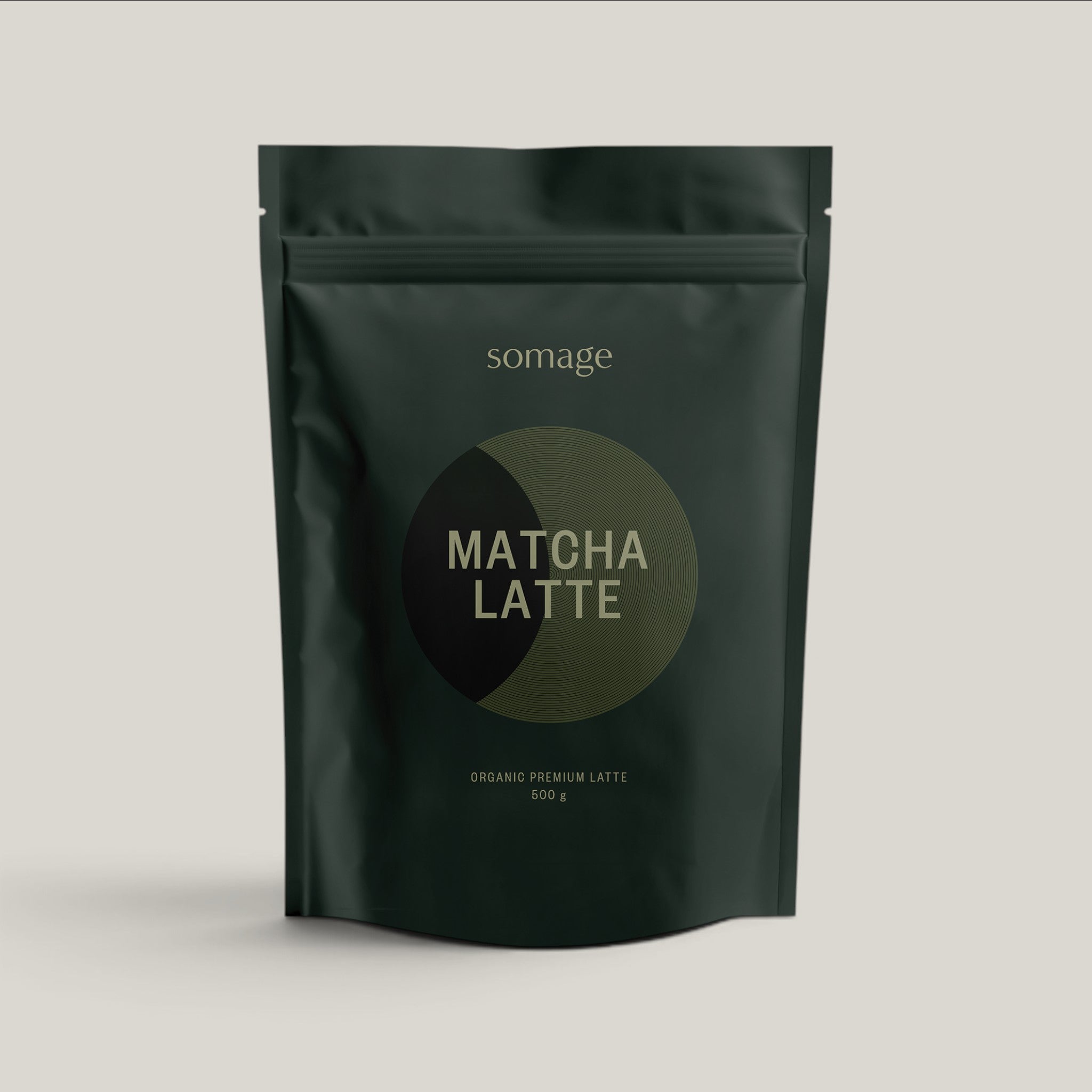 Somage Matcha Latte Certified Organic premium latte 500g front of pack on grey background.