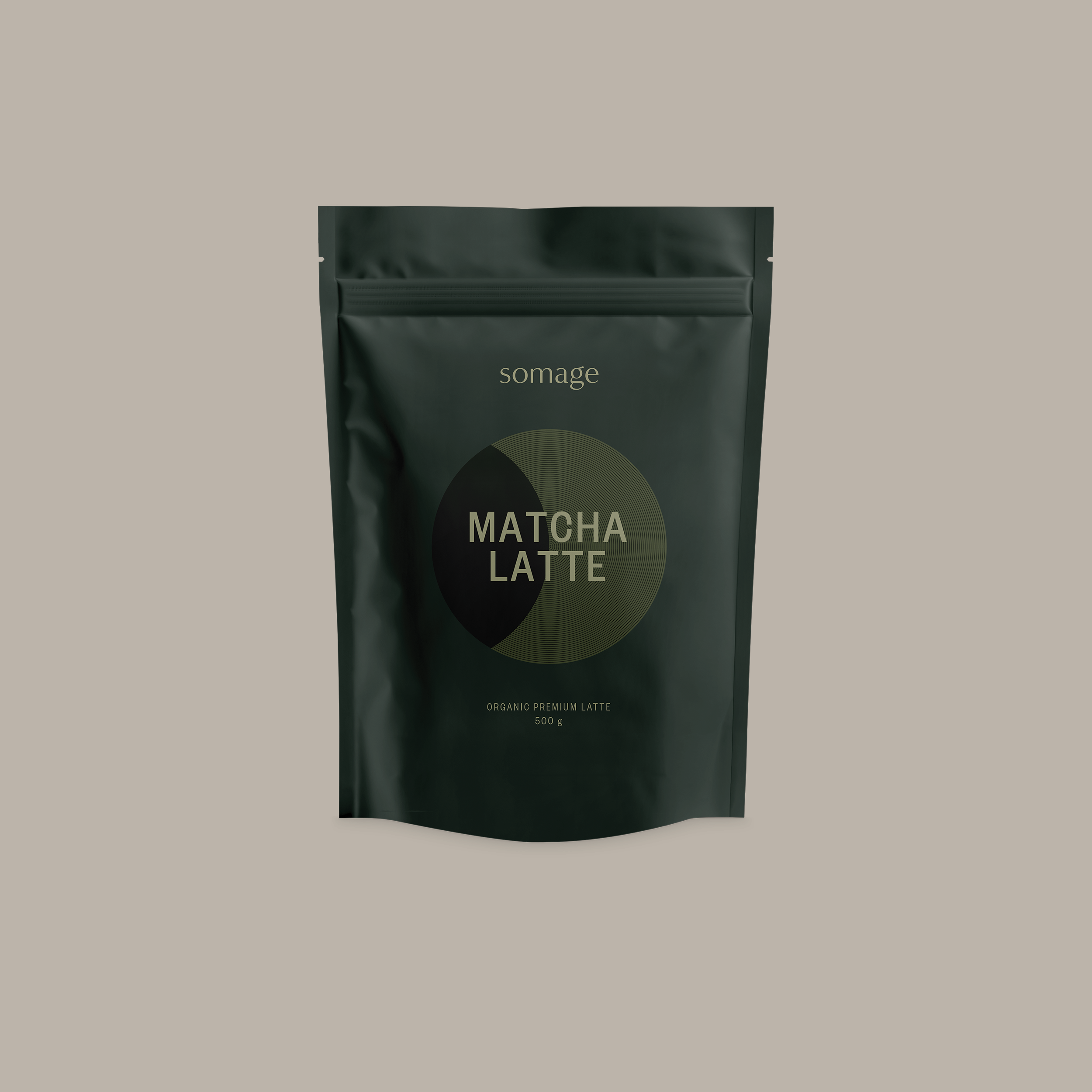 Somage Matcha Latte Certified Organic premium latte 500g front of pack on grey background.
